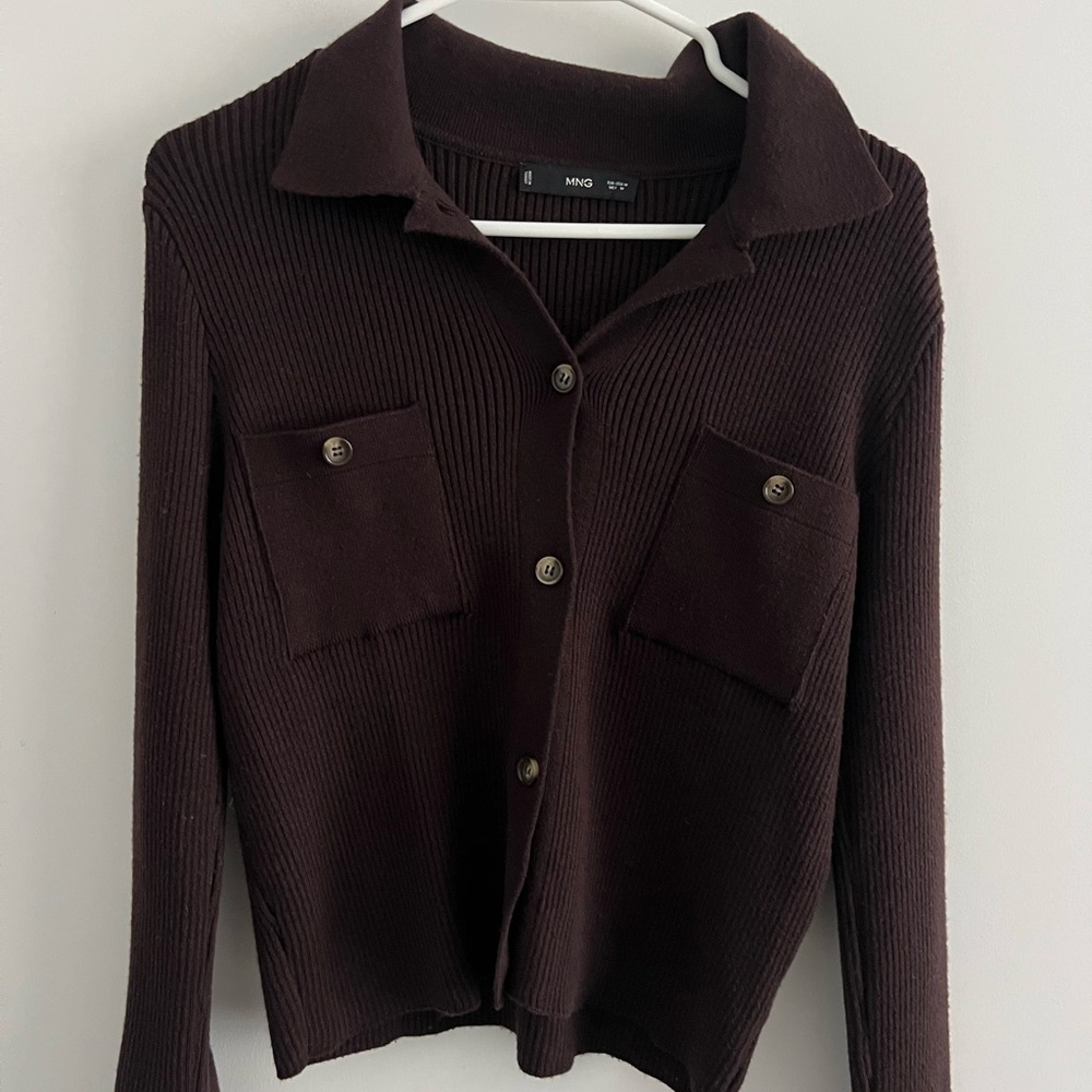 MANGO Dark Brown Ribbed Button-Up Cardigan